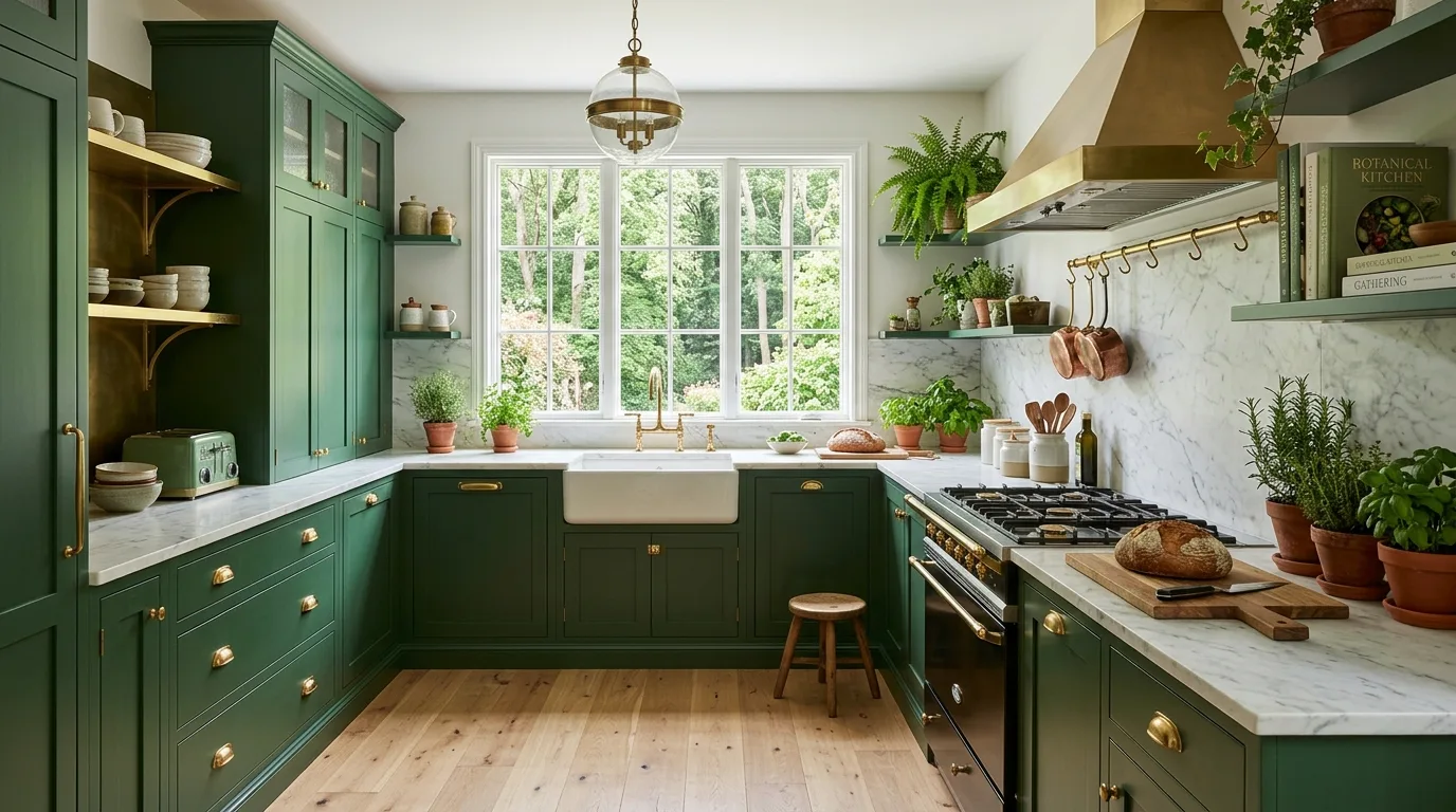 Lush green kitchen designed as a fresh and natural culinary space.